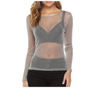 Generisch Top en maille transparente à paillettes pour femme - Noir - T-shirt transparent à manches longues, gris, L