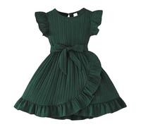 Generisch Tue Tue Robe d'été pour fille avec rayures et manches flottantes, ourlet froncé et ceinture réglable, mode plage décontractée avec col rond pour fille élégante, Vert foncé., 5-6 ans