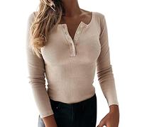 Generisch Tunique pour femme en maille côtelée avec col en V et manches longues comme chemisier décontracté pour une coupe étroite, beige, L