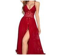 Generisch Une longue robe rouge transparente chemise de nuit avec fente de style féminin européen, rouge, S