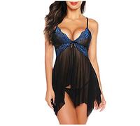 Generisch V Sleepwear Ceinture Femmes Fleurs Pause Bébé Sous-vêtements Dentelle Décolleté Chemise, bleu, XL