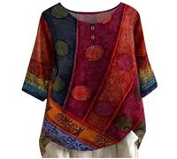 Generisch Valarie Haut bohème coloré, haut tendance à manches 1/2 avec col rond et boutonnière, grande taille, imprimé floral, chemisiers décontractés, rouge, M