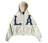 Generisch Veste à capuche brodée NY et LA pour hommes et femmes, manteau sweat surdimensionné décontracté, beige, XS