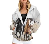 Generisch Veste à capuche pour femme avec imprimé réaliste de chevaux - Sweat à capuche avec fermeture éclaire de chevaux au galop | Veste en sweat artistique pour les amoureuses de chevaux, S
