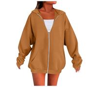 Generisch Veste à capuche zippée pour femme, sweat à capuche à manches longues, veste de sport universitaire 2025, haut de sport, couleur unie, veste de survêtement chaude et décontractée, marron, S