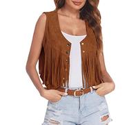 Generisch Veste à franges pour femme en simili daim à devant ouvert sans manches - Style 70's hippie - Bohème - Veste western - Manteaux pour femme, kaki, M