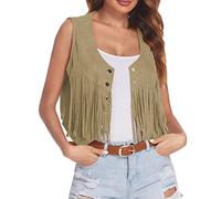 Generisch Veste à franges pour femme en simili daim à devant ouvert sans manches - Style bohème des années 70 - Hippie - Blouson western - Veste pour femme - Manteau, marron, S