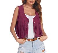 Generisch Veste à franges pour femme en simili daim à l'avant ouvert sans manches - Style hippie des années 70 - Blouson western bohème - Manteau pour femme, lilas, M