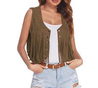 Generisch Veste à franges pour femme en simili daim avec ouverture avant manches courtes - Style années 70 hippie - Vêtement bohème - Veste western pour femme - Manteau, café, M