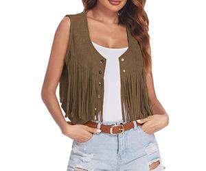 Generisch Veste à franges pour femme en simili daim avec ouverture avant manches courtes - Style années 70 hippie - Vêtement bohème - Veste western pour femme - Manteau, café, M
