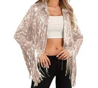 Generisch Veste à paillettes pour femme - Manches longues - Couleur unie - Blazer ouvert avec pompons - Veste d'hiver brillante - Veste boléro à paillettes - Pour fête, sortie, club, Rose, S