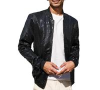 Generisch Veste à paillettes pour homme - Veste bomber métallique brillante - Tenue des années 80 - Disco - Costume de carnaval - Fermeture éclair - Veste de mi-saison, Noir , 5XL