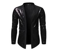 Generisch Veste brillante pour homme - Manches longues - Fermeture éclair - Avec paillettes - Couleur unie - Veste de loisirs - Manteau de sport décontracté - Costume disco - Veste mouche, Noir , S