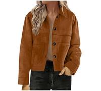 Generisch Veste courte en daim pour femme - Manches longues - Revers - Élégante - Rétro - Avec poche à boutons - Manteau décontracté, café, XXL