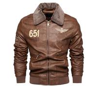 Generisch Veste d'aviateur pour homme, aspect cuir avec col en fourrure chaude, veste de pilote doublée avec broderies et patchs | Veste bomber robuste de style militaire pour l'automne et l'hiver