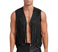 Generisch - Veste de cowboy pour homme - Sans manches - En simili-cuir - Veste à franges - Veste indienne - Style rétro - Bohème - Hippie - Tenue pour festival - Costume de carnaval - Veste de cowboy