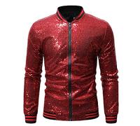 Generisch Veste de fête pour homme - Tenue disco des années 80 - Veste bomber tendance - Veste bomber métallique à paillettes - Veste de baseball - Veste de loisirs - Veste réfléchissante, rouge, M