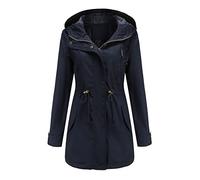 Generisch Veste de pluie pour femme - Longue - Imperméable - Avec capuche - Veste de transition - Trench - Manteau d'extérieur - Veste de sport de plein air - Veste de mi-saison, bleu marine, L