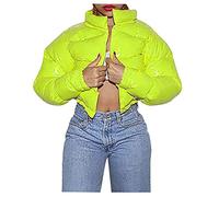 Generisch Veste d'hiver femme manteau col montant hiver magnifique manches longues cardigan uni manteau court double face, jaune, M