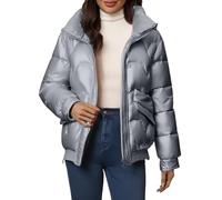 Generisch Veste d'hiver pour femme - Col montant épais - Veste matelassée chaude - Veste de transition courte rembourrée - Parka ample - Manches longues - Manteau d'hiver brillant et élégant pour