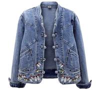Generisch Veste d'hiver pour femme - Trench coat - Veste de loisirs - Veste en jean courte brodée - Manteau basique, bleu, 3XL