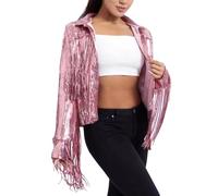 Generisch Veste d'hiver pour femme - Veste à paillettes scintillantes - Ourlet à franges - Veste disco - Veste à franges à paillettes - Manteau - Style streetwear des années 90, Rose, XXL