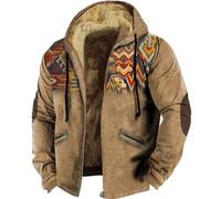 Generisch Veste d'hiver pour homme Western Ethnique Vestes Vintage Imprimées Manteau de Loisirs Sherpa Polaire Doublé Hiver Chaud Hoodies avec Capuche Vêtements de Sport, kaki, L