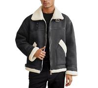 Generisch Veste d'hiver vintage doublée en daim pour homme - Veste décontractée en cuir - Veste d'aviateur chaude en peluche - Veste de loisirs - Veste bomber en fourrure d'agneau, O gris foncé, XXXL