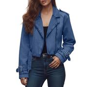 Generisch Veste en jean délavée surdimensionnée pour femme avec ceinture en usé raccourci pour un confort léger, style décontracté d'automne, bleu, L