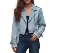 Generisch Veste en jean délavée surdimensionnée pour femme avec ceinture en usé raccourci pour un confort léger, style décontracté d'automne, bleu clair, M