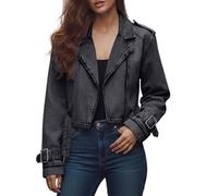 Generisch Veste en jean délavée surdimensionnée pour femme avec ceinture en usé raccourci pour un confort léger, style décontracté d'automne, Noir , S