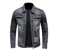 Generisch Veste en jean pour homme - Col montant - Fermeture éclair sur toute la longueur - Veste de cowboy - Coupe ajustée - Veste en jean délavée - Oldschool - Veste de loisirs - Look usé - Veste