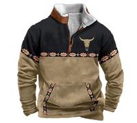 Generisch Veste en Polaire Western pour Homme - Cowboy - Impression de Taureau - Pull à 1/4 de Fermeture Éclair - Col Montant - Manches Longues - Sweatshirts de Mode - Sweat-Shirts Vintage - Hiver