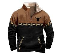 Generisch Veste en Polaire Western pour Homme - Cowboy - Impression de Taureau - Pull à 1/4 de Fermeture Éclair - Col Montant - Manches Longues - Sweatshirts de Mode - Sweats Vintage - Hiver