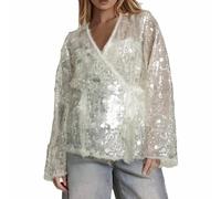Generisch Veste kimono décontractée pour femme avec paillettes scintillantes pour la mode de rue quotidienne, Blanc., L