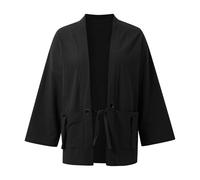 Generisch Veste kimono unisexe en lin à manches 3/4 - Veste légère et ouverte de style japonais - Cardigan décontracté avec ceinture à nouer pour l'été, Style_j02 noir, M
