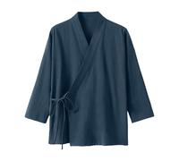 Generisch Veste légère pour femme de style kimono - Veste portefeuille à manches courtes en lin - Cardigan décontracté avec laçage latéral pour un look d'été minimaliste, Style_p01 bleu marine, L