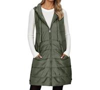 Generisch Veste longue pour femme - Gilet matelassé sans manches avec capuche - Gilet de transition rembourré - Veste d'hiver - Gilet long léger et chaud - Gilet d'hiver matelassé, Vert armée., S