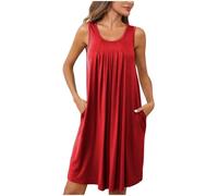 Generisch Vêtement de nuit d'été sexy pour femme - En coton - Sans manches - Élégante chemise de nuit avec poches - Col rond - Robe de loisirs décontractée - Chemise de nuit légère - Pyjama fin, rouge