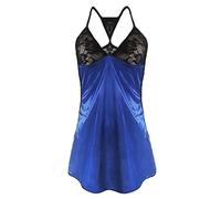 Generisch Vêtement de nuit en satin pour femme - Nuisette en satin - Chemise de nuit sexy - Col en V - Lingerie ouverte en maille, Bleu foncé., L