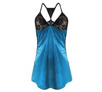 Generisch Vêtement de nuit en satin pour femme - Nuisette en satin - Chemise de nuit sexy - Col en V - Lingerie ouverte en maille, bleu-a, XL