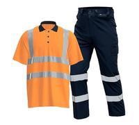 Generisch Vêtement de travail 2 pièces pour homme avec bandes réfléchissantes, couleur d'avertissement de sécurité, tenue pour station-service et atelier, pantalon à jambes droites avec poches, revers