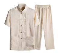 Generisch Vêtements chinois Hommes Pyjama Couleur Unie Tangzhuang 2 pièces Veste Manches Longues Pantalon Traditionnel Tang Costume Ancient Costume Arts Martiaux Uniforme Tai Chi Survêtement, S1 beige