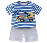 Generisch Vêtements de bébé festifs à rayures dessin animé voiture motif t-shirt hauts + shorts tenues cadeau garçon 12 ans, q, 5-6 ans