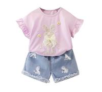Generisch Vêtements de Pâques pour bébé fille - Tenues d'été mignonnes - Lapin - Nœud - Chemises - Hauts en denim - Short - Ensemble de vêtements pour petites filles - Deux pièces, Rose, M