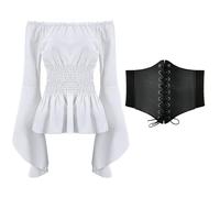 Generisch Vêtements médiévaux pour femme - Style gothique steampunk - Manches longues - Épaules dénudées - Corset + ceinture - Costume de renaissance victorienne - Vêtement médiéval - Chemisier Carmen