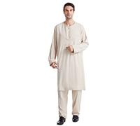 Generisch Vêtements musulmans pour hommes, costume 2 pièces col rond broderie manches longues chemise longue + pantalon ample simple style ethnique vêtements musulmans pour prières et excursions