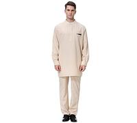 Generisch Vêtements musulmans pour hommes, costume 2 pièces col rond broderie manches longues chemise longue + pantalon ample simple style ethnique vêtements musulmans pour prières et excursions