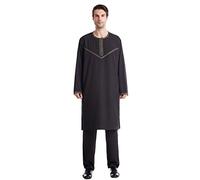 Generisch Vêtements musulmans pour hommes, costume 2 pièces col rond broderie manches longues chemise longue + pantalon ample simple style ethnique vêtements musulmans pour prières et excursions