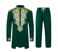 Generisch Vêtements musulmans pour hommes Ensemble africain Chemise africaine Islamique Impression Or Dashiki et Pantalon Costume traditionnel Vêtements ethniques décontractés Vêtements de prière pour